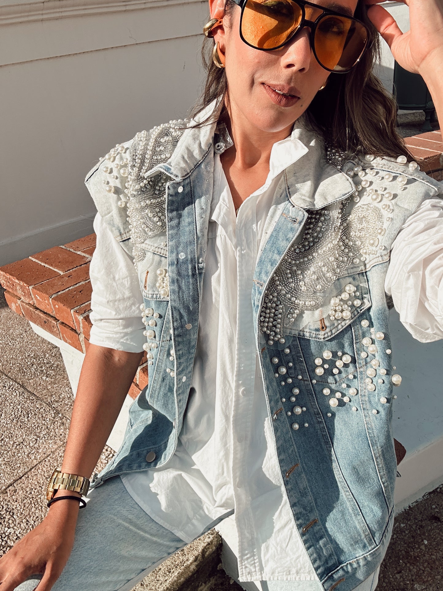 Exclusive Pearl and Rhinestone Embellished Denim Vest