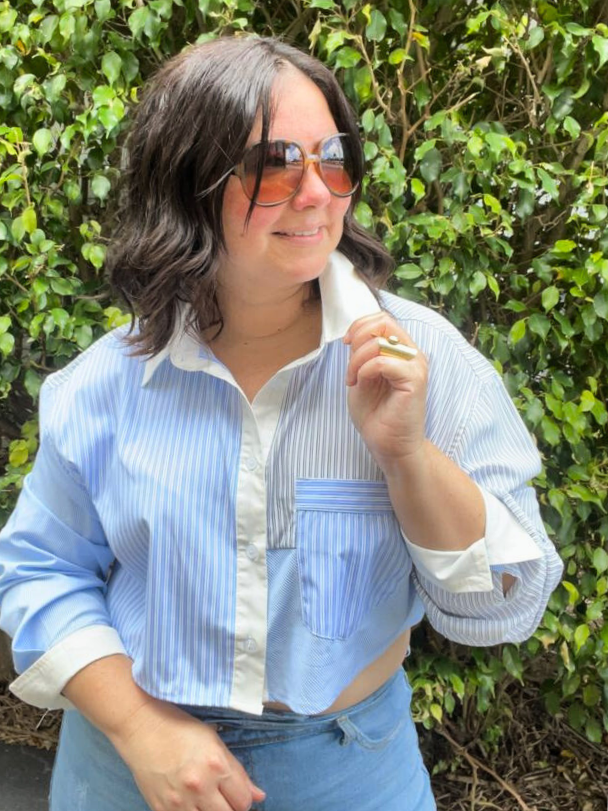 Ileanel Button Down Striped Color Block Crop Shirt