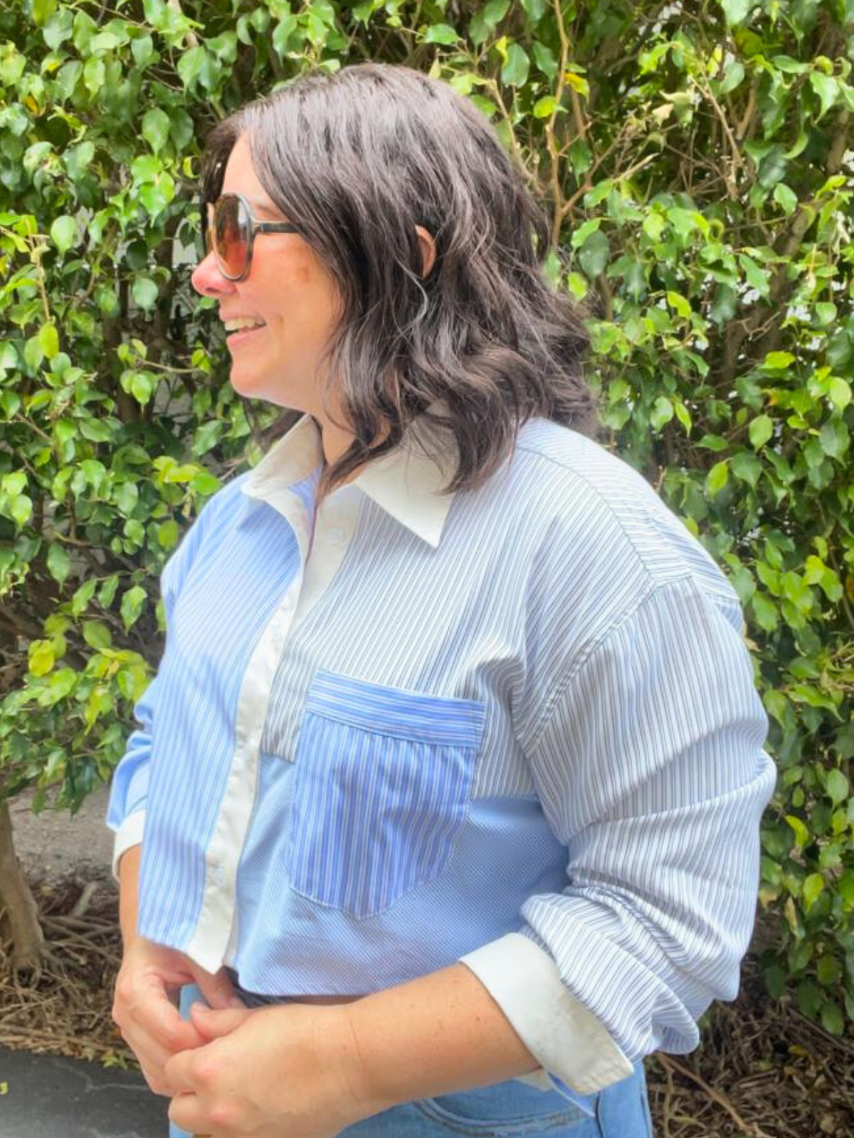 Ileanel Button Down Striped Color Block Crop Shirt