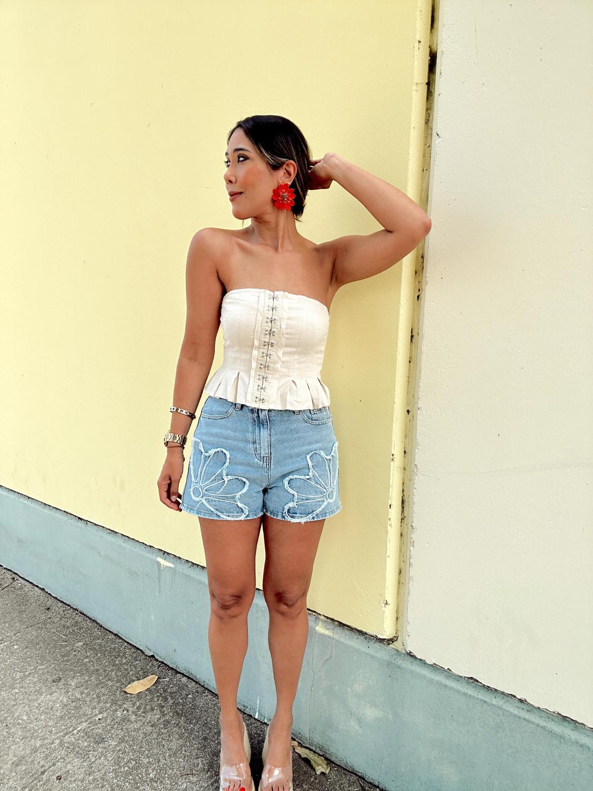 Distressed Floral Mid Rise Denim Shorts