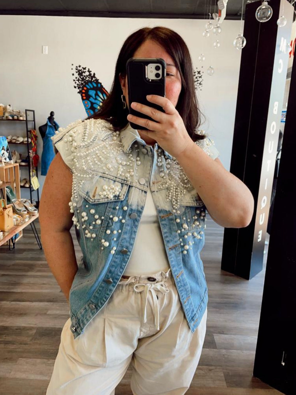 Exclusive Pearl and Rhinestone Embellished Denim Vest