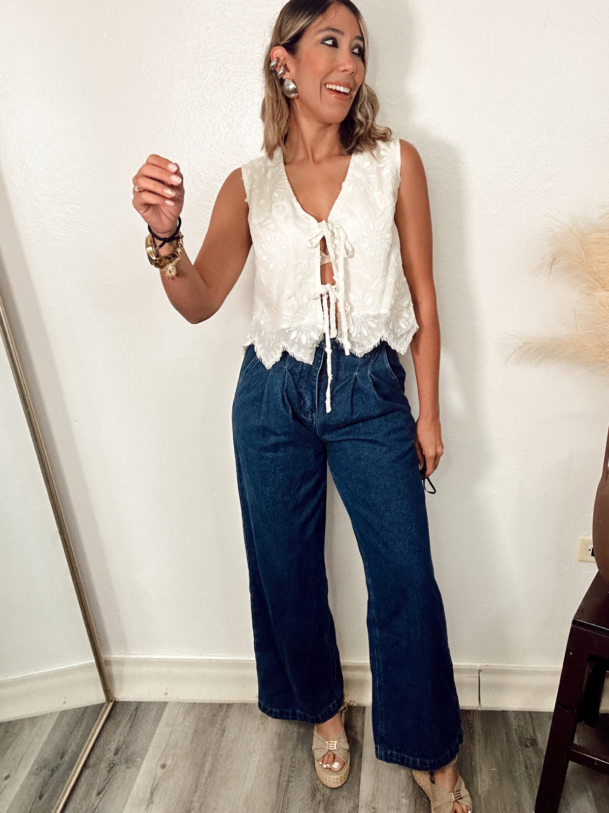High Waisted Boot Cut Pleated Jeans