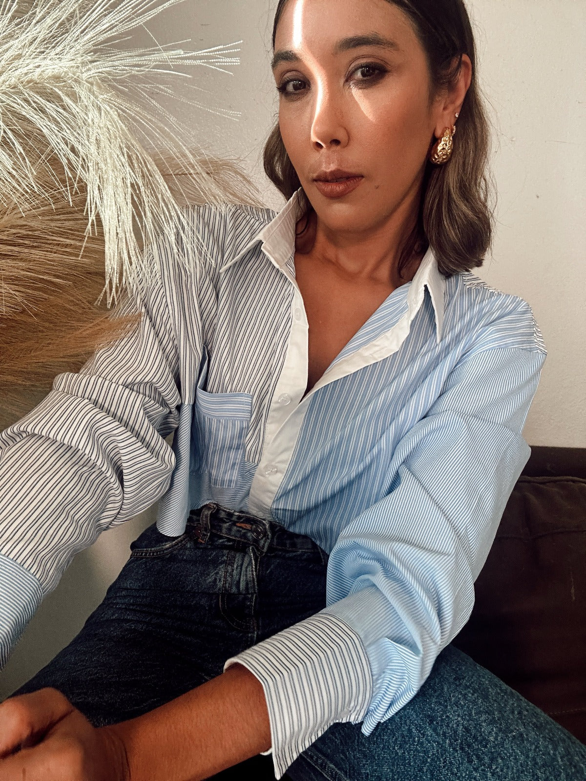 Ileanel Button Down Striped Color Block Crop Shirt