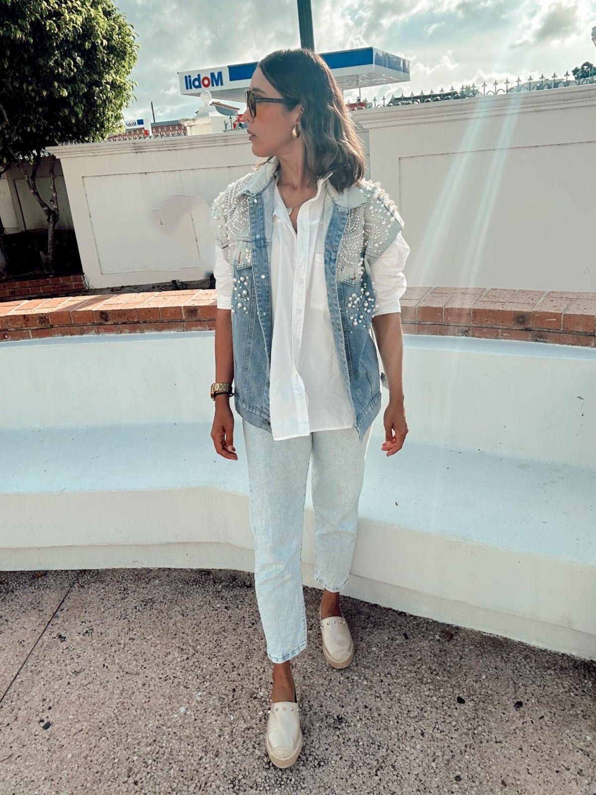 Exclusive Pearl and Rhinestone Embellished Denim Vest