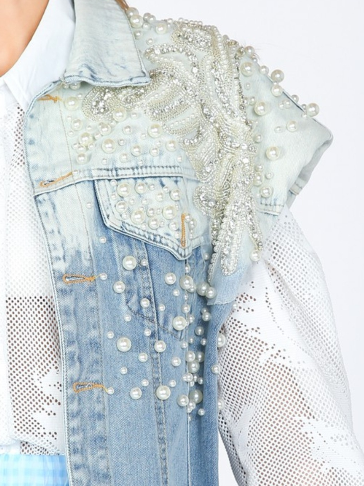 Exclusive Pearl and Rhinestone Embellished Denim Vest