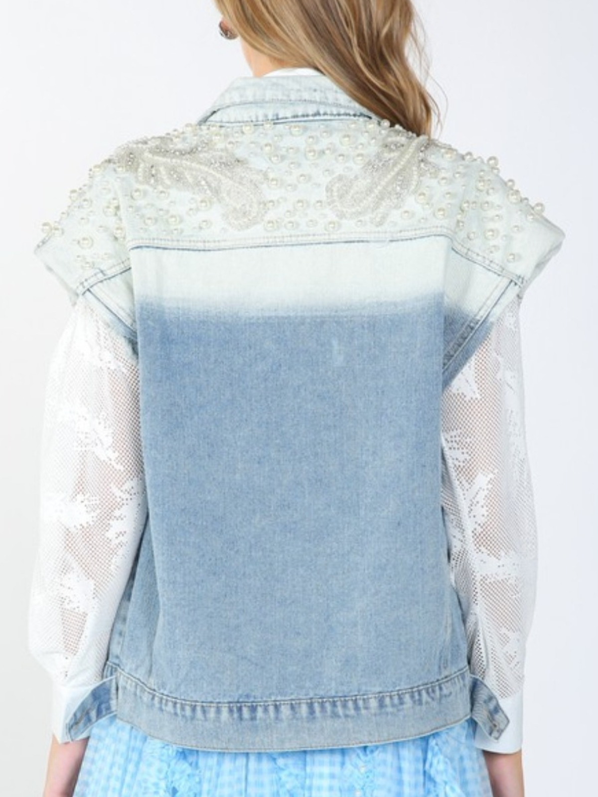 Exclusive Pearl and Rhinestone Embellished Denim Vest