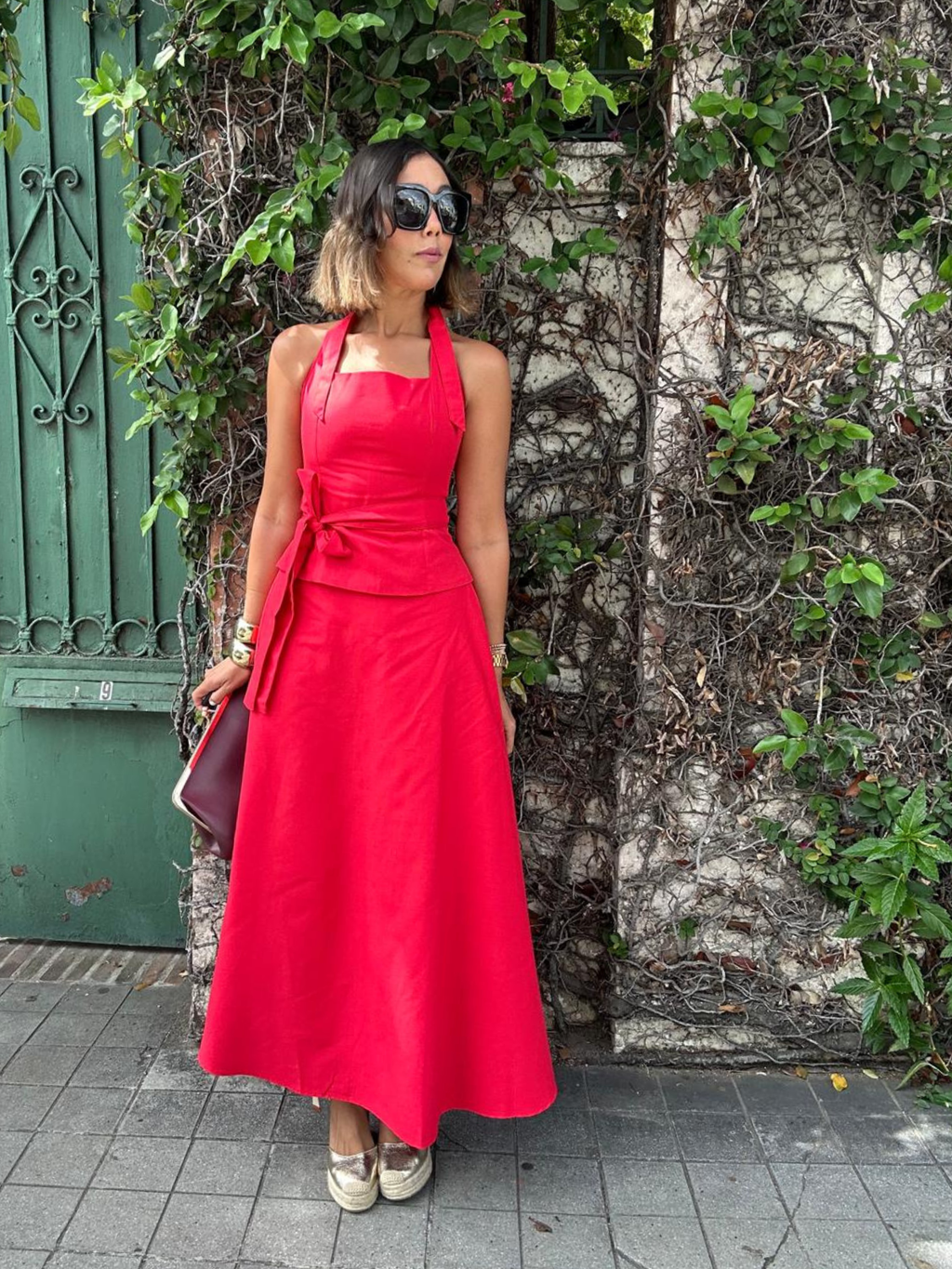 The Confident in Red Belted Halter Top and Flare Maxi Skirt