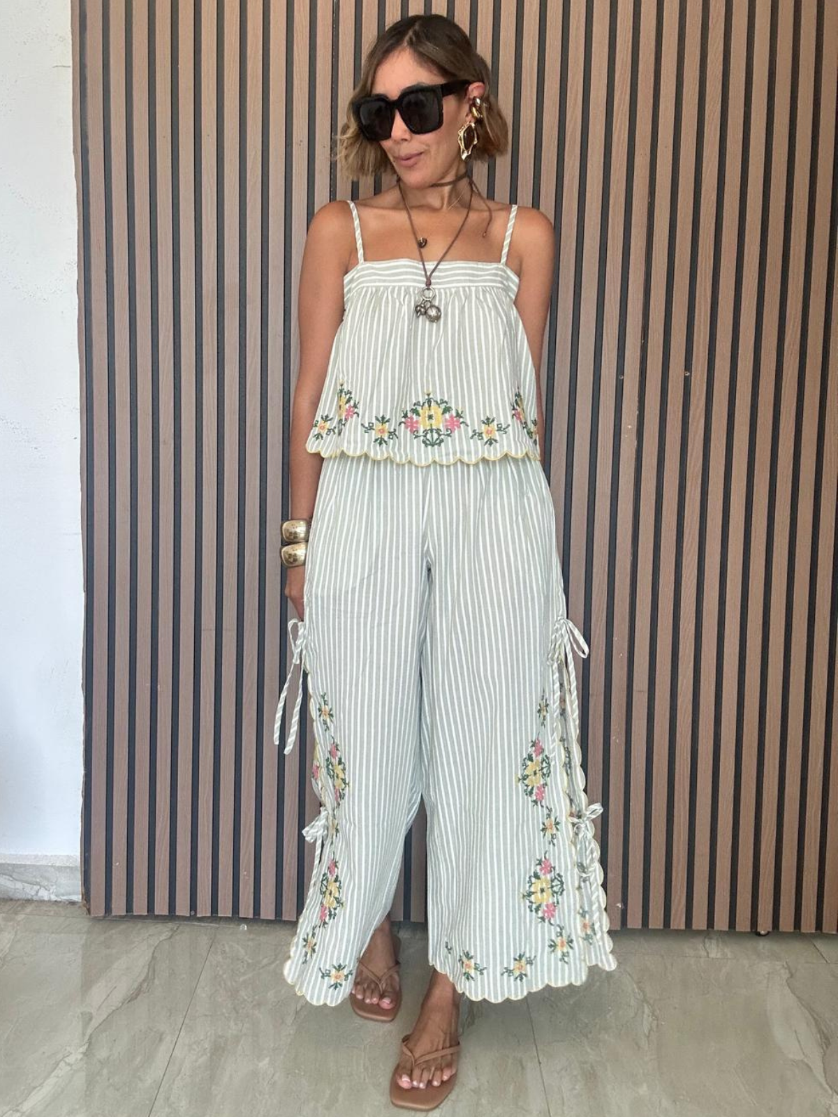 Bloomline Embroidered Stripe Top and Pants Set