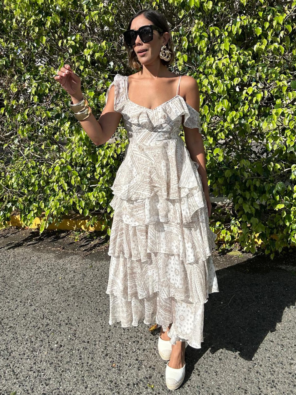 Walnut Asymmetrical Flowy Tiered Maxi Dress