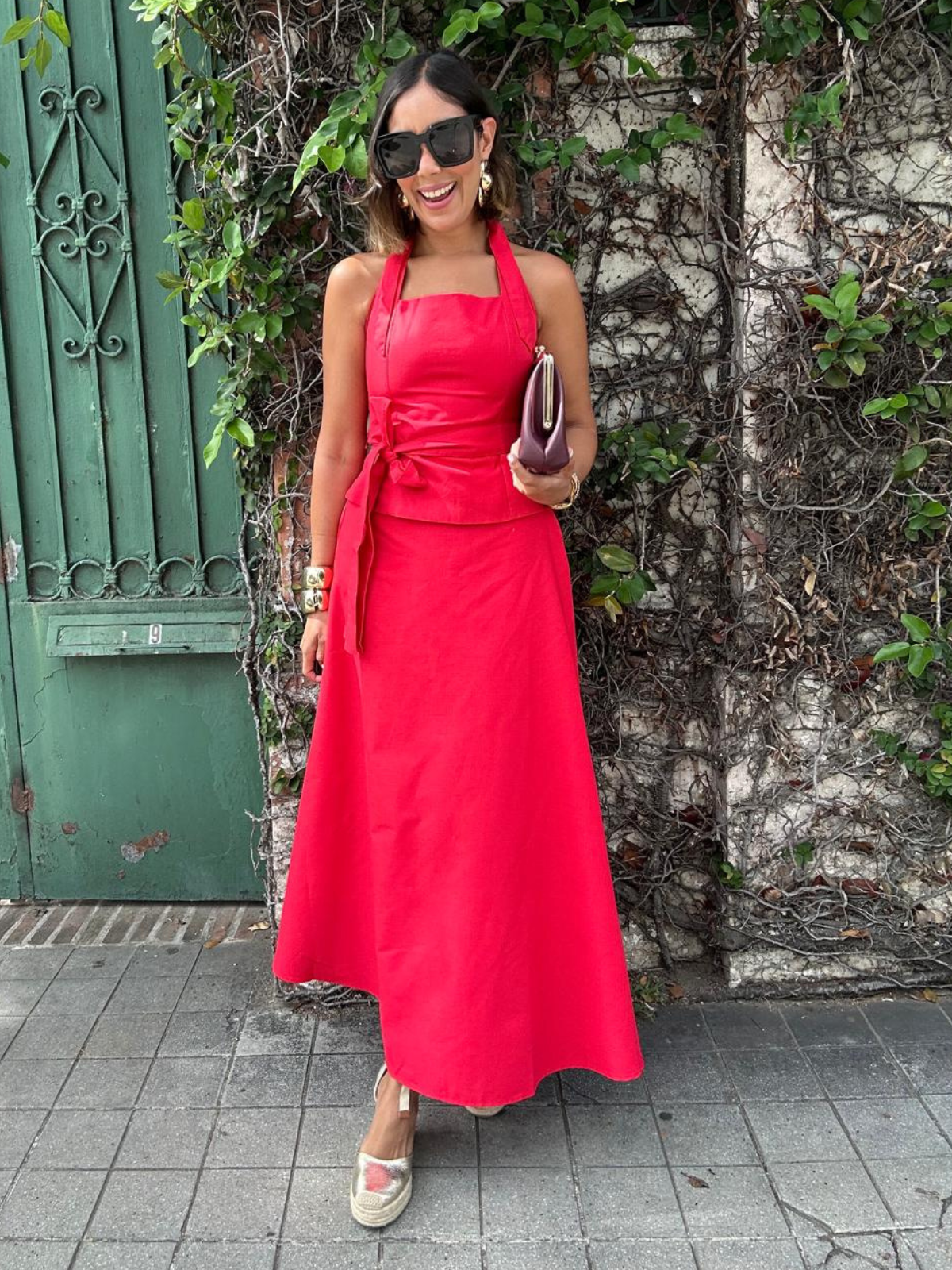 The Confident in Red Belted Halter Top and Flare Maxi Skirt