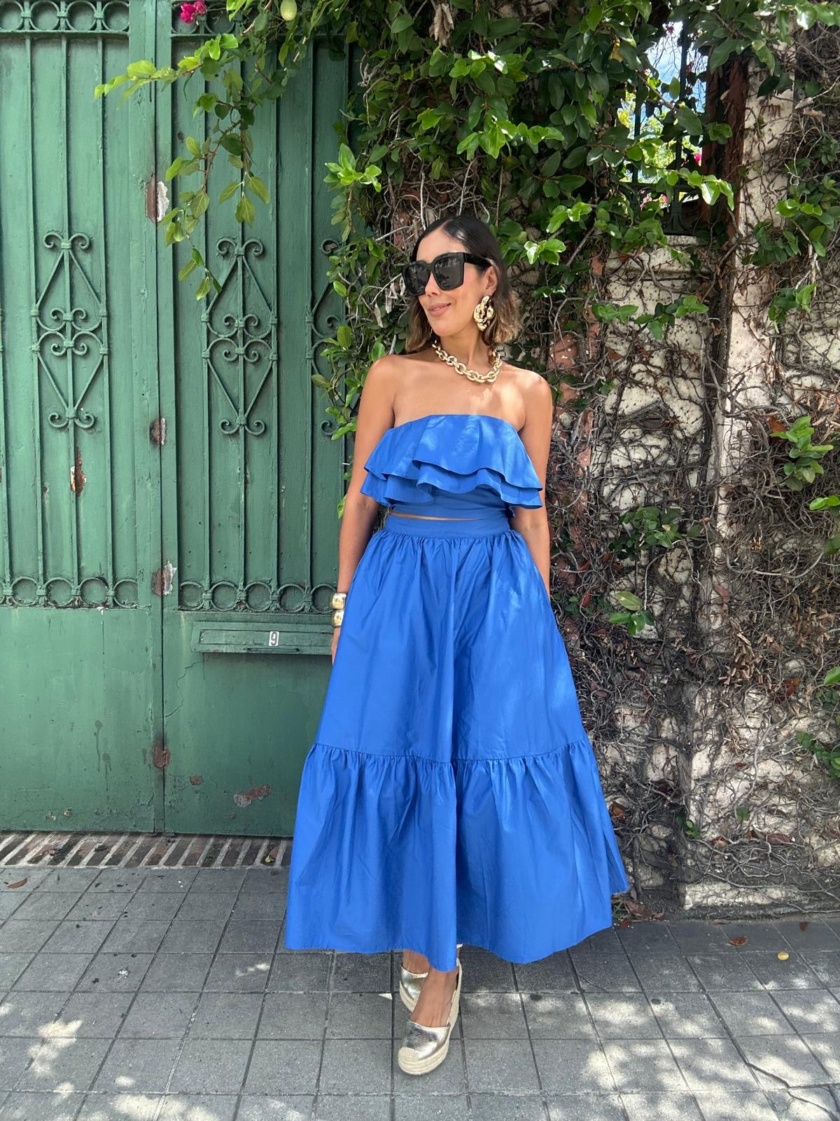 Blue Serenity Ruffle Blouse & Midi Skirt Set