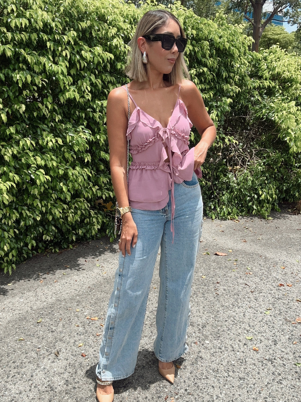 Ruffled Front-Tie Chiffon Camisole