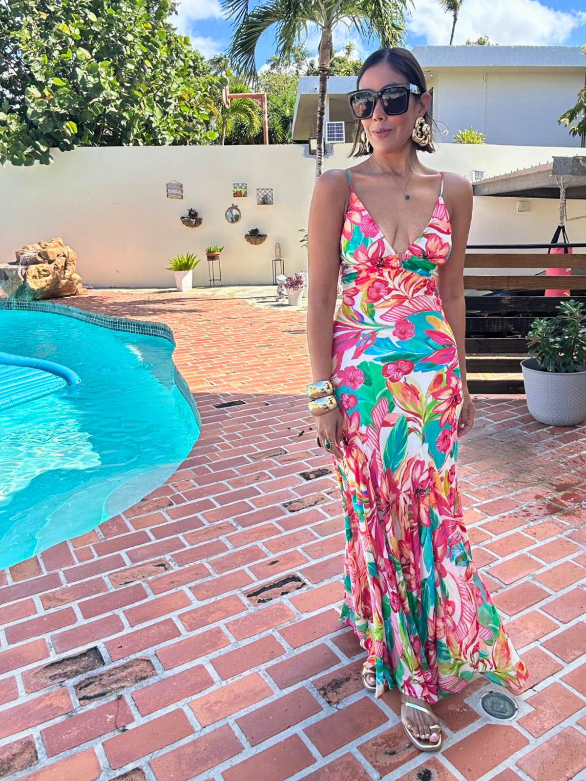 Sea of Hibiscus Frilly Hem Maxi Dress