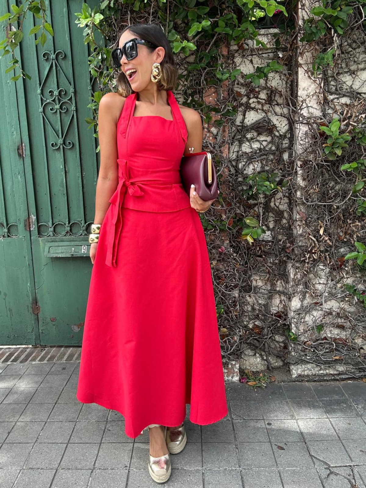 The Confident in Red Belted Halter Top and Flare Maxi Skirt