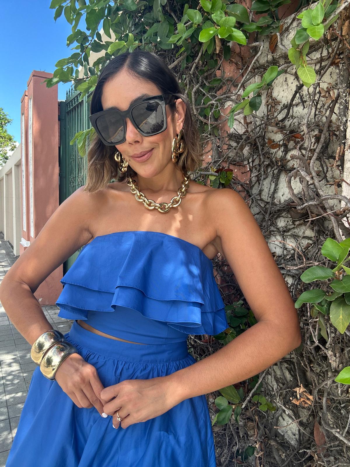 Blue Serenity Ruffle Blouse & Midi Skirt Set