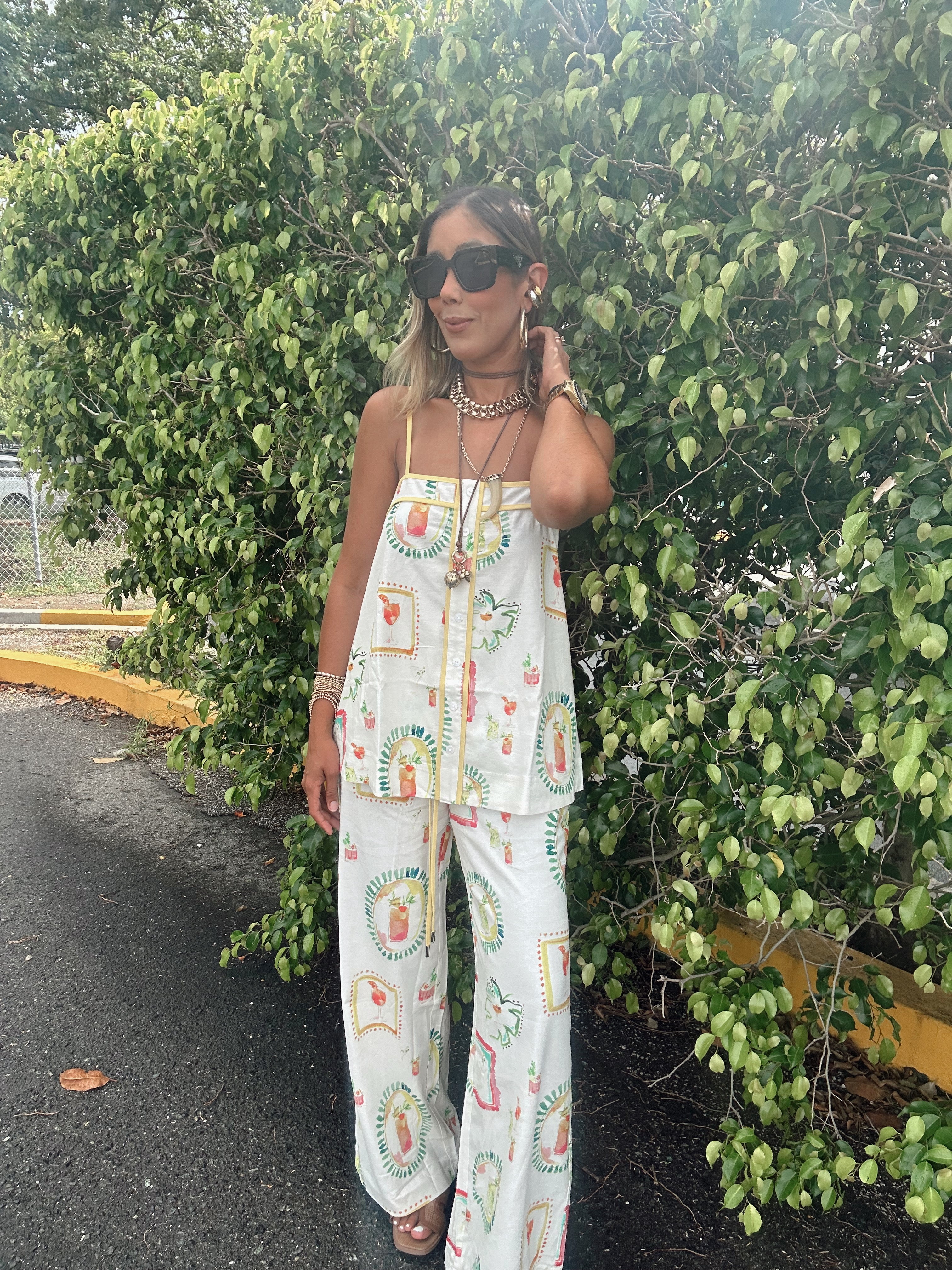 Happy Hour Print Wide Leg Pants