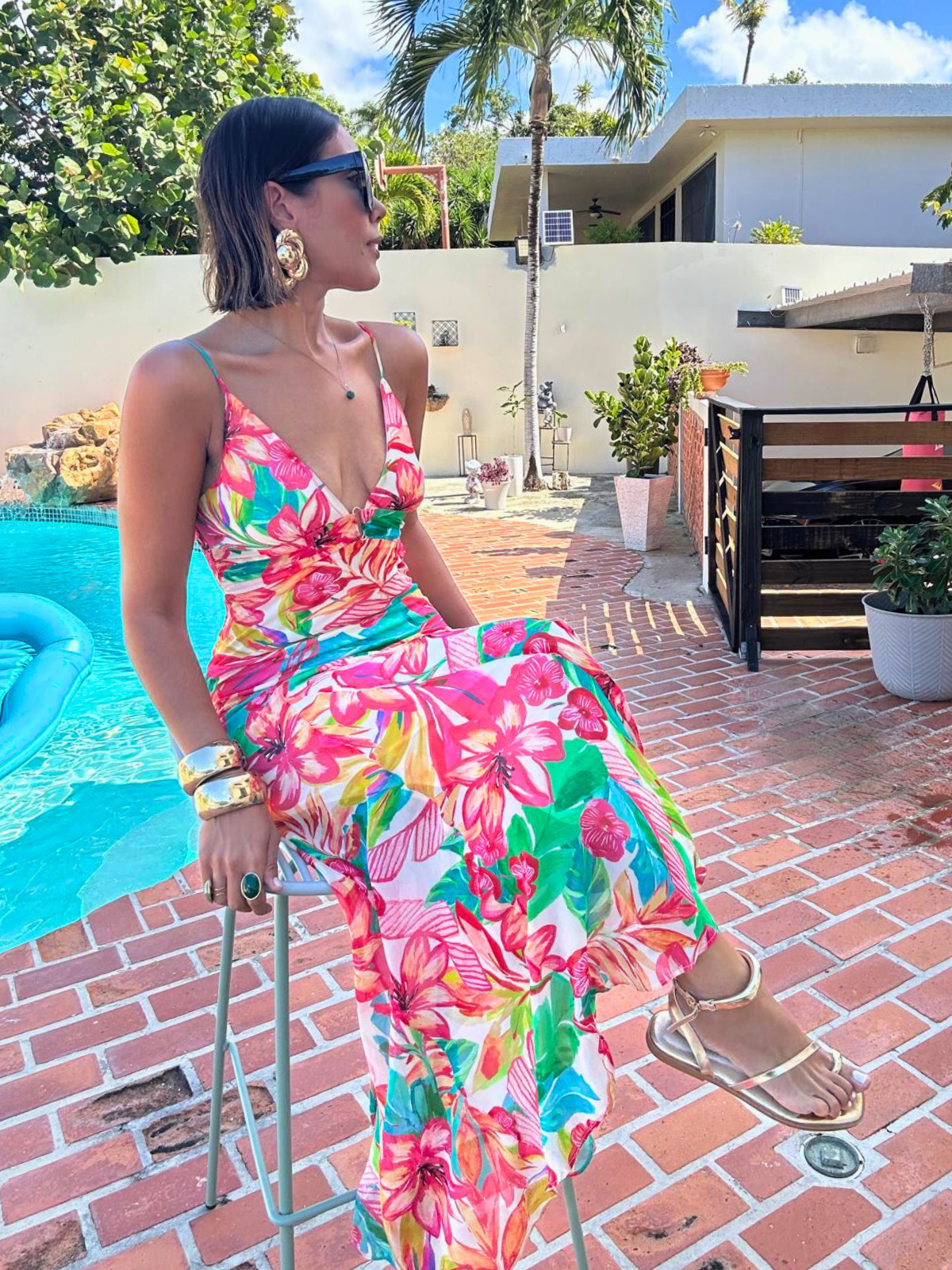 Sea of Hibiscus Frilly Hem Maxi Dress