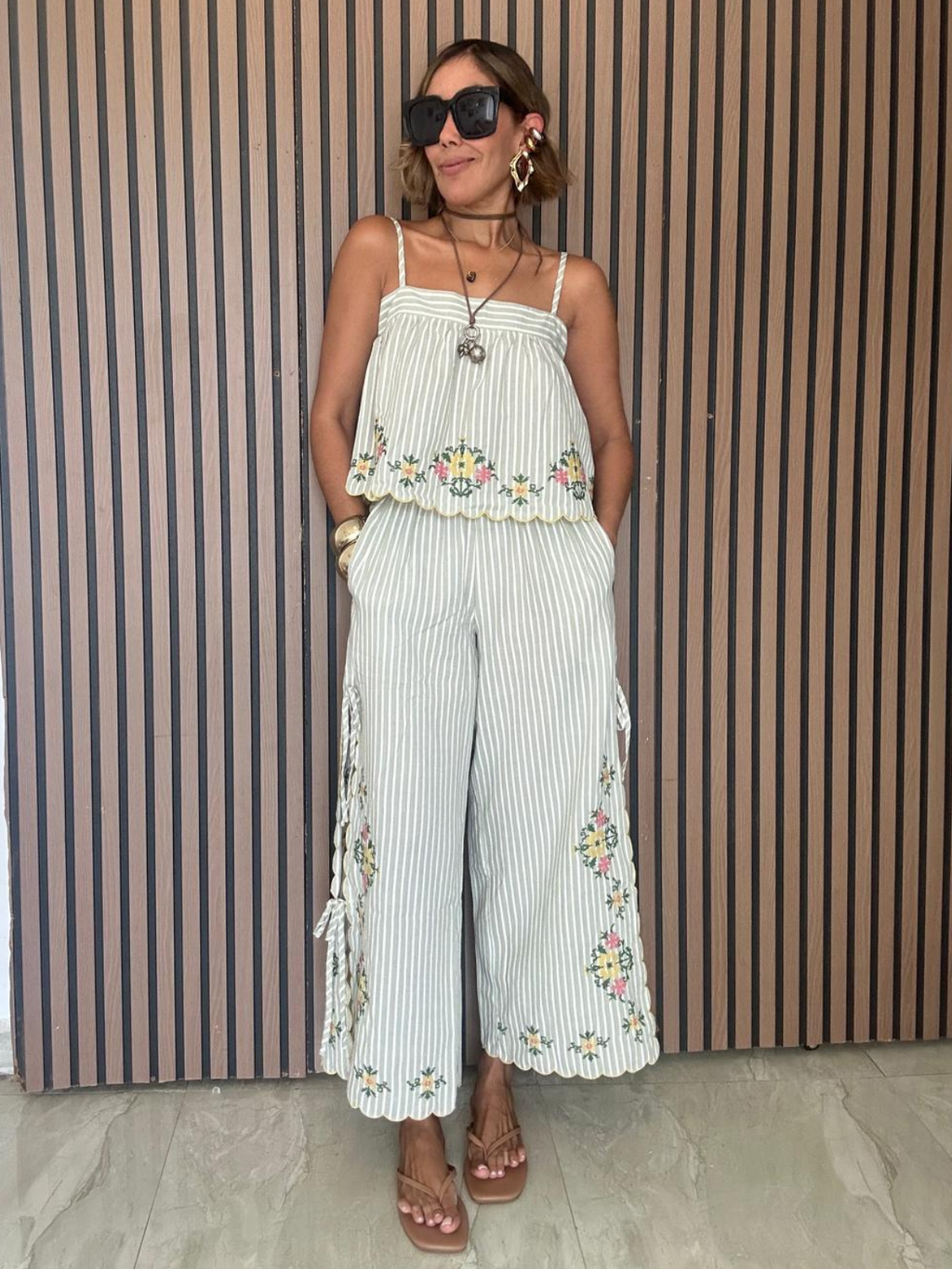 Bloomline Embroidered Stripe Top and Pants Set
