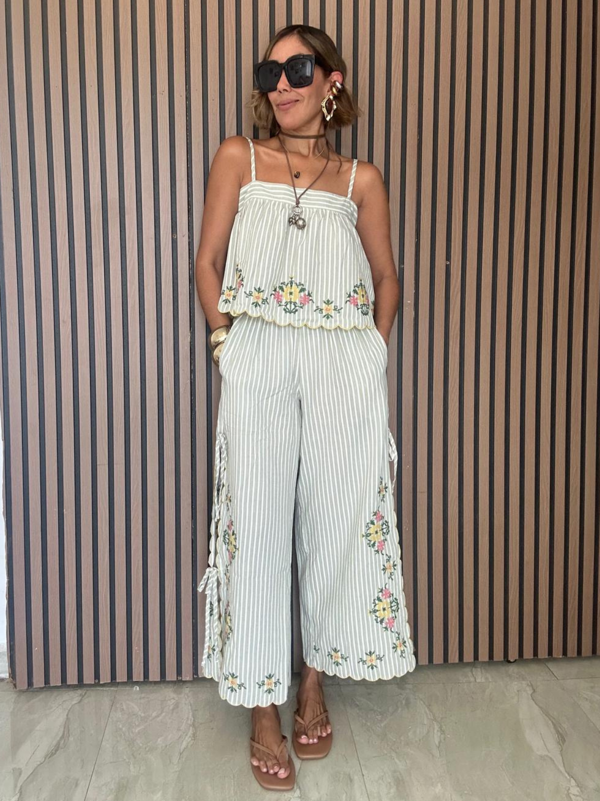 Bloomline Embroidered Stripe Top and Pants Set