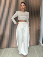 Sequin and Pearl Shoulder Pad Crop Top