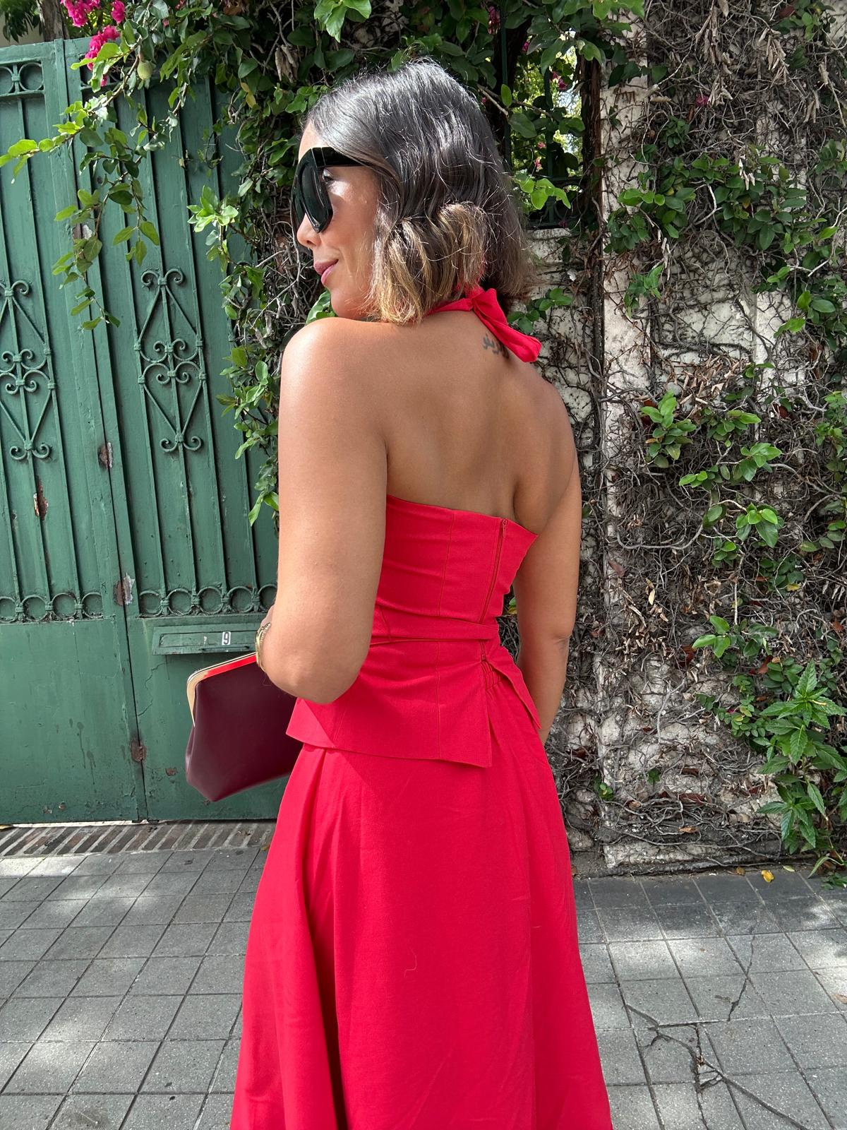 The Confident in Red Belted Halter Top and Flare Maxi Skirt