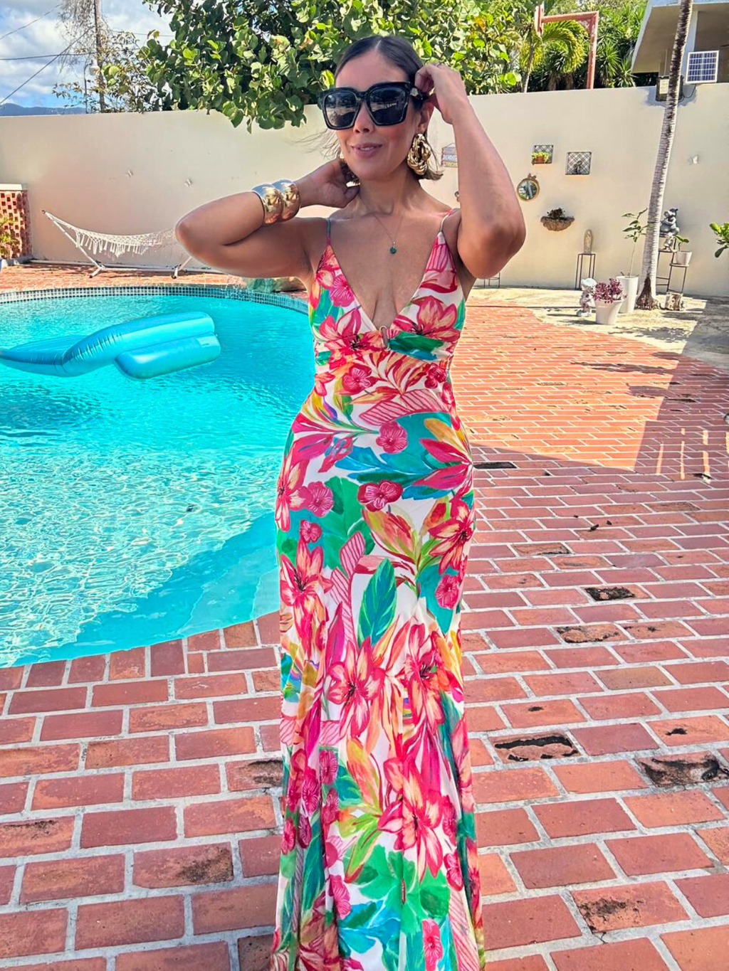 Sea of Hibiscus Frilly Hem Maxi Dress