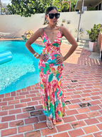 Sea of Hibiscus Frilly Hem Maxi Dress