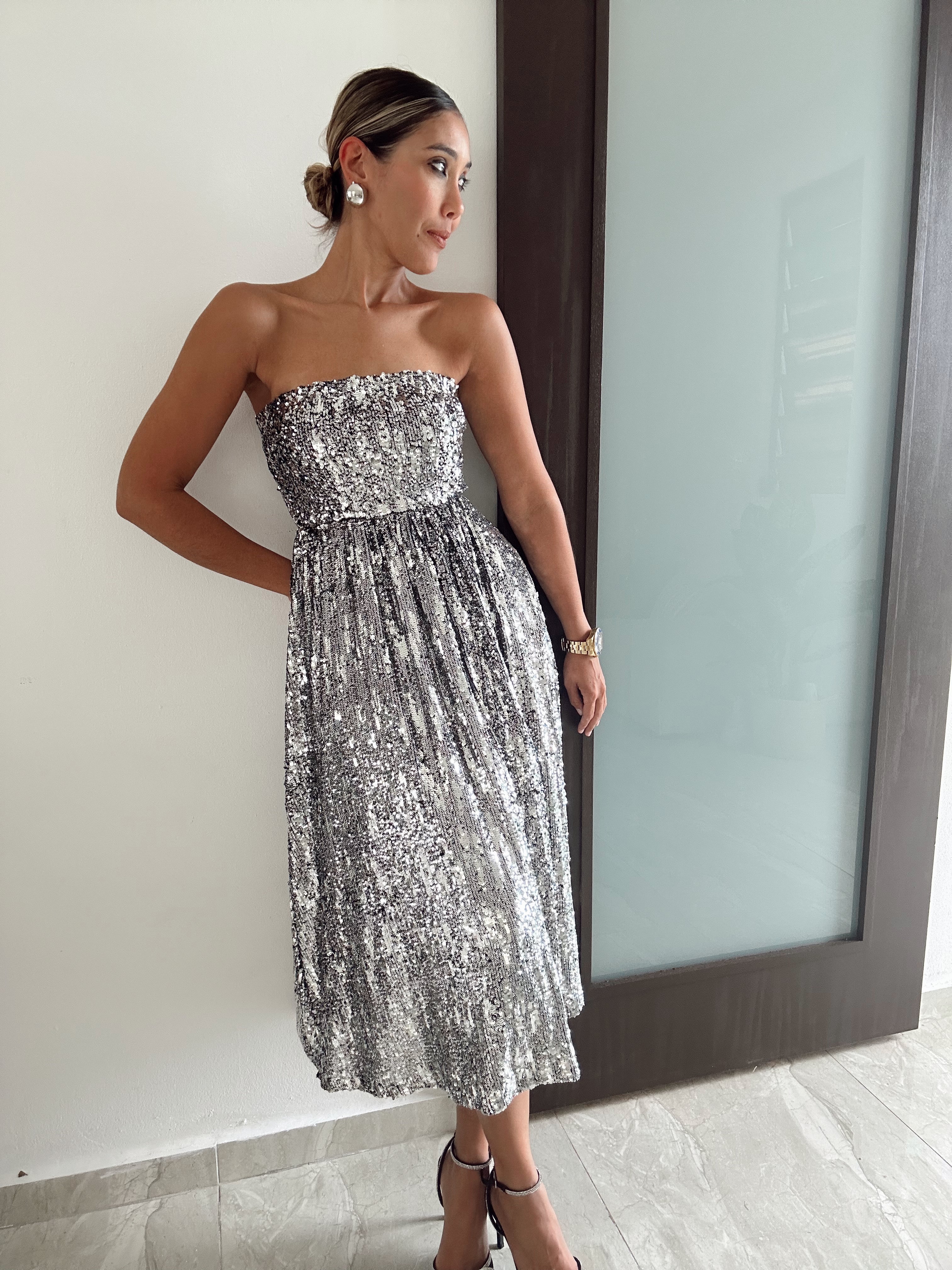 Sophia Sequin Strapless Midi Dress
