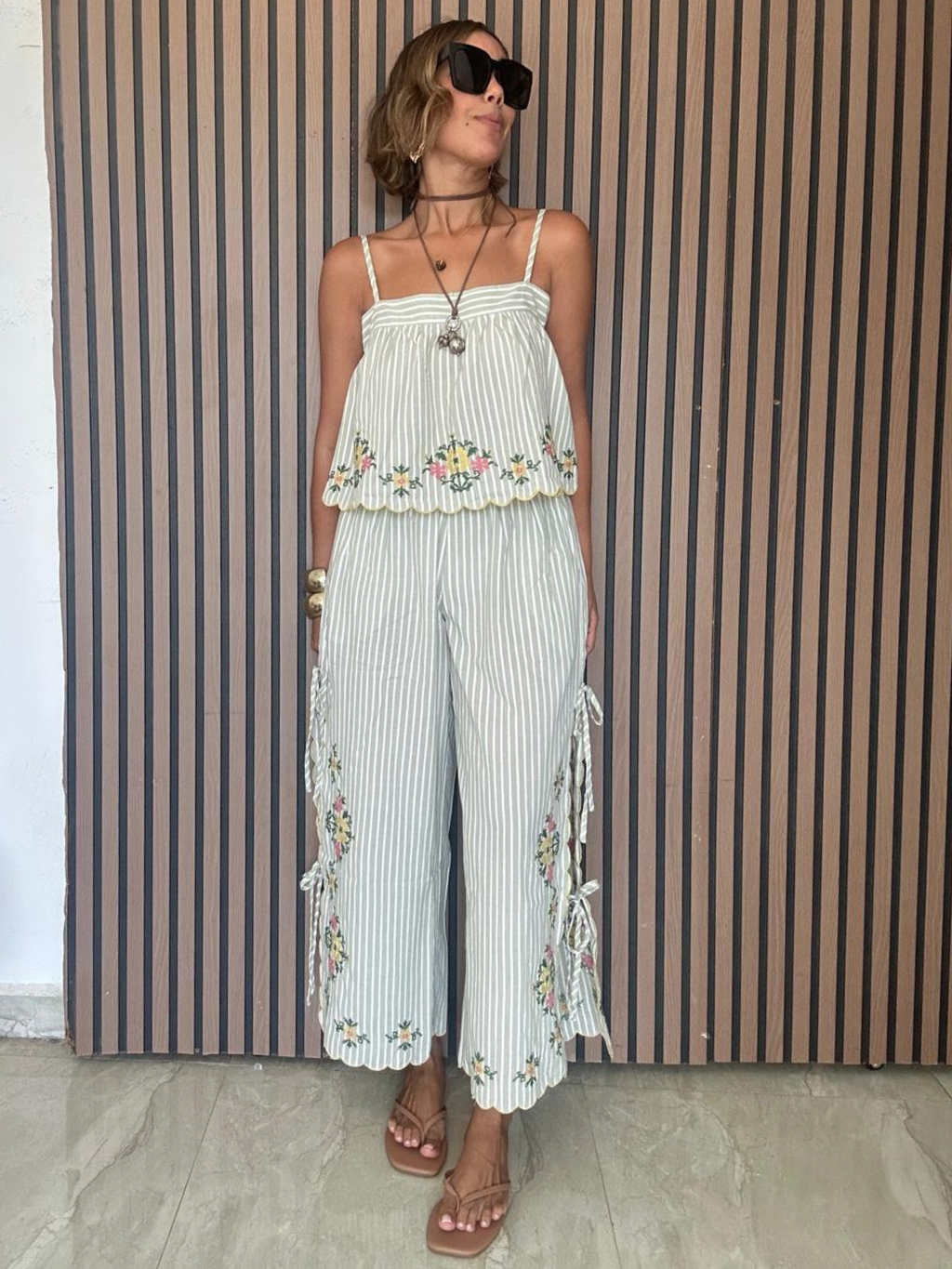 Bloomline Embroidered Stripe Top and Pants Set