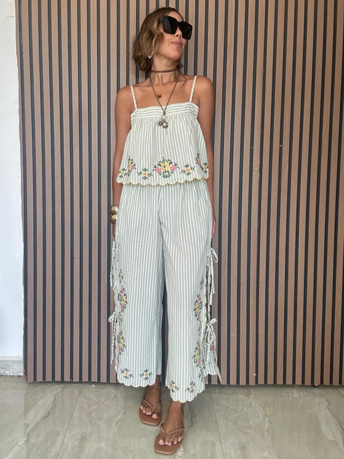 Bloomline Embroidered Stripe Top and Pants Set