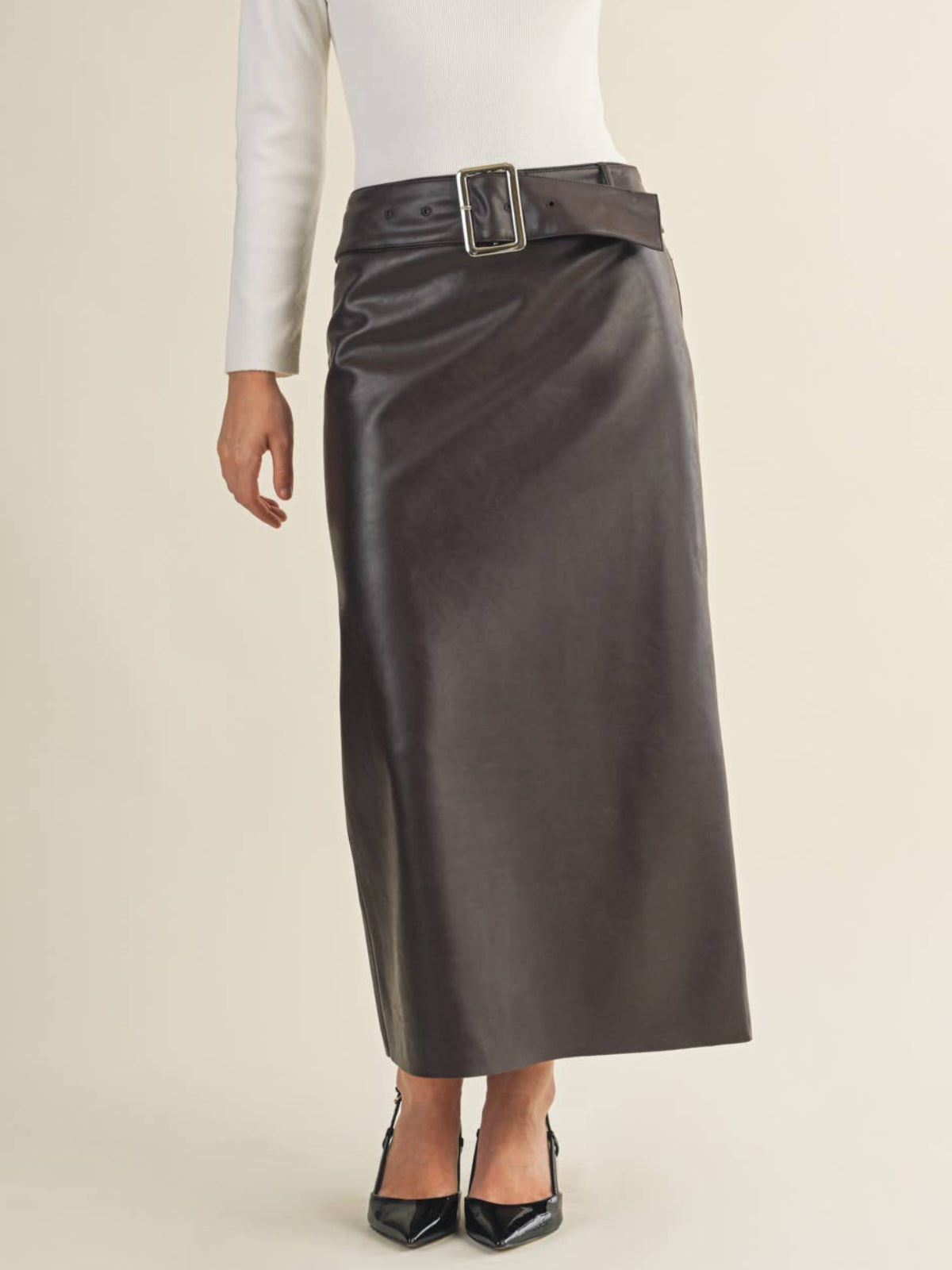 Social Club Faux Leather Buckle Slit Skirt