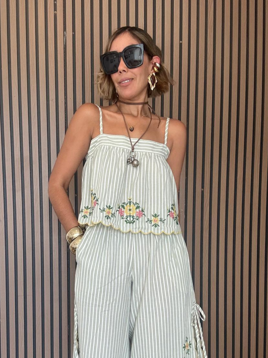 Bloomline Embroidered Stripe Top and Pants Set