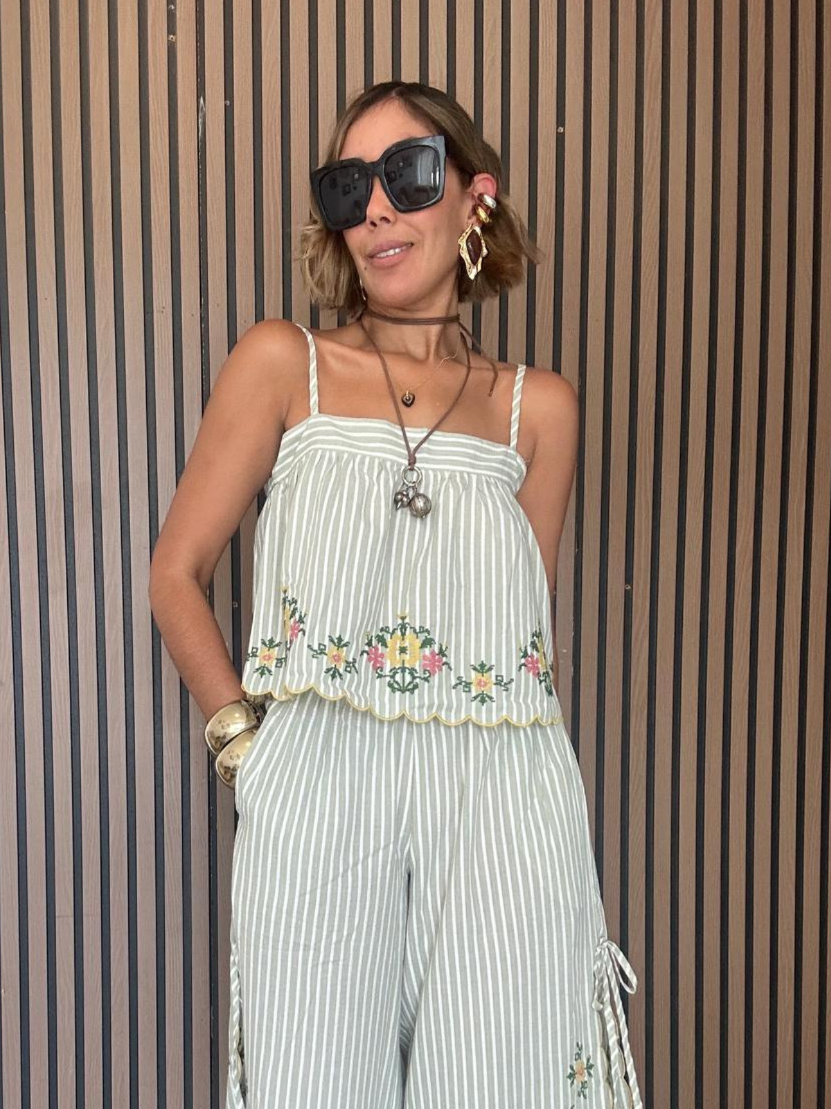 Bloomline Embroidered Stripe Top and Pants Set