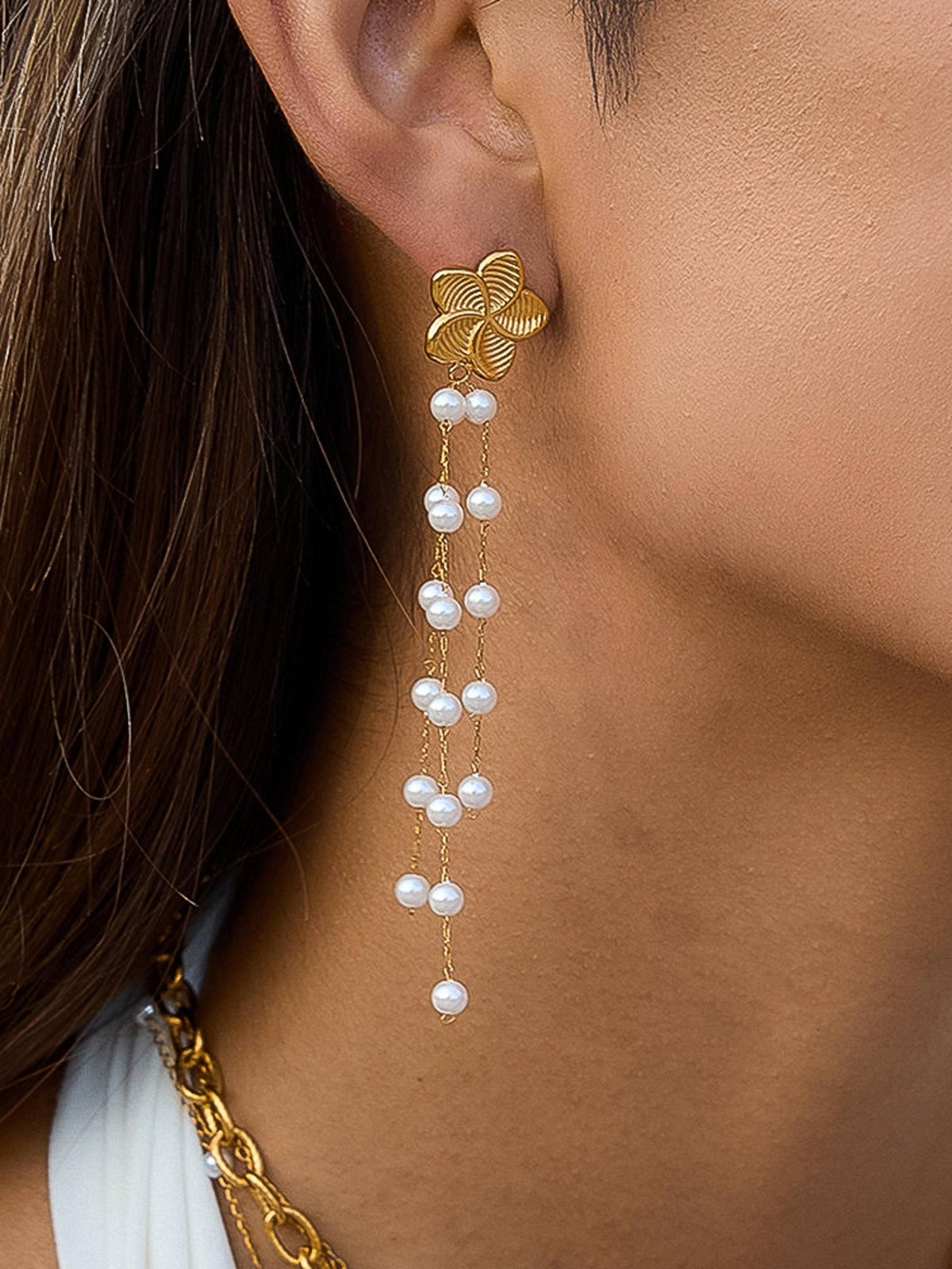 Thalina 18K Gold Non-Tarnish Flower Pearl Dangle Earrings