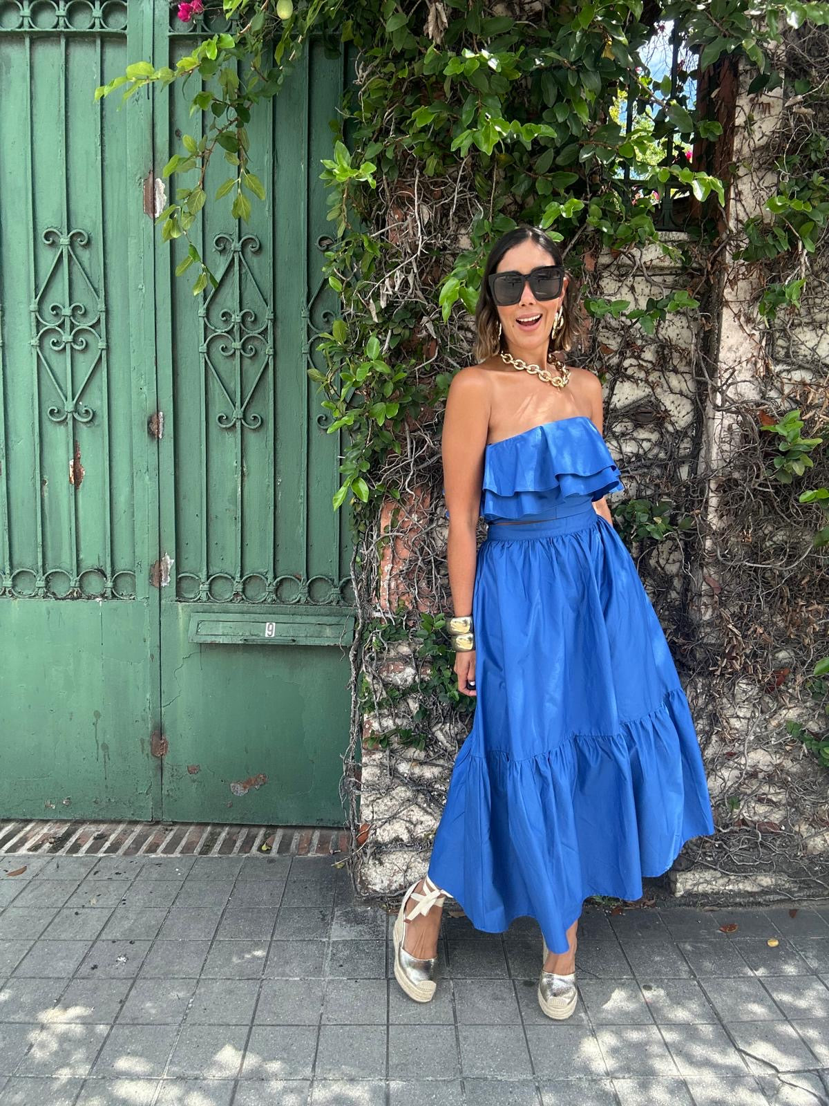 Blue Serenity Ruffle Blouse & Midi Skirt Set