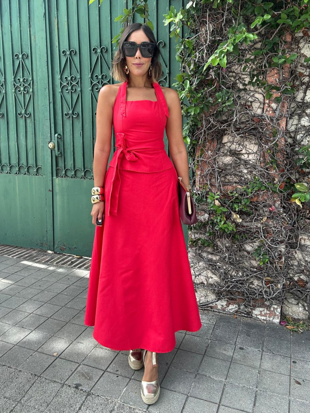The Confident in Red Belted Halter Top and Flare Maxi Skirt