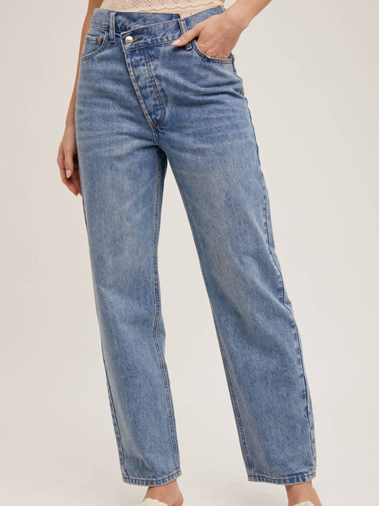 Denim Asymmetrical Waist Straight-Leg Jeans