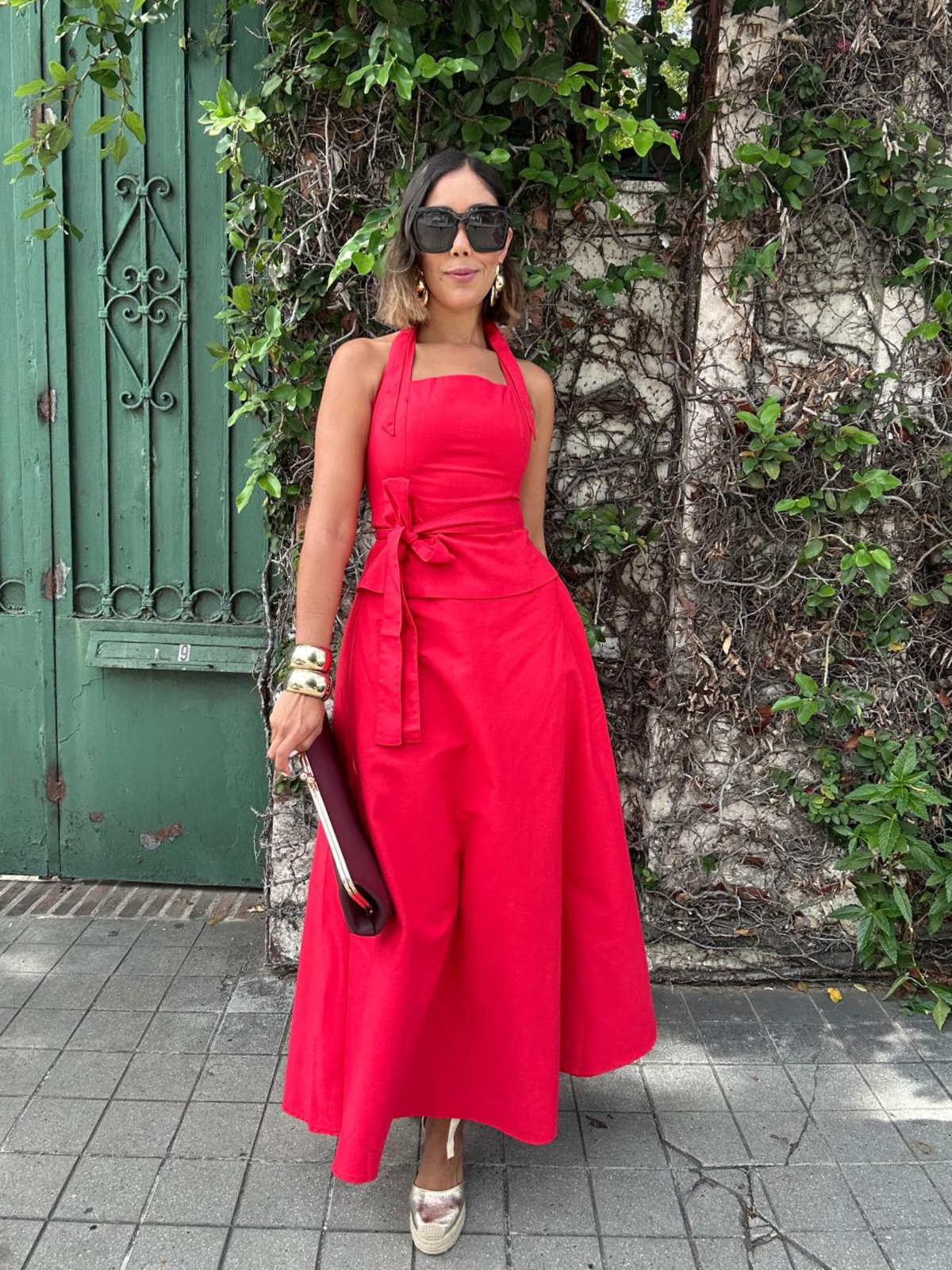 The Confident in Red Belted Halter Top and Flare Maxi Skirt