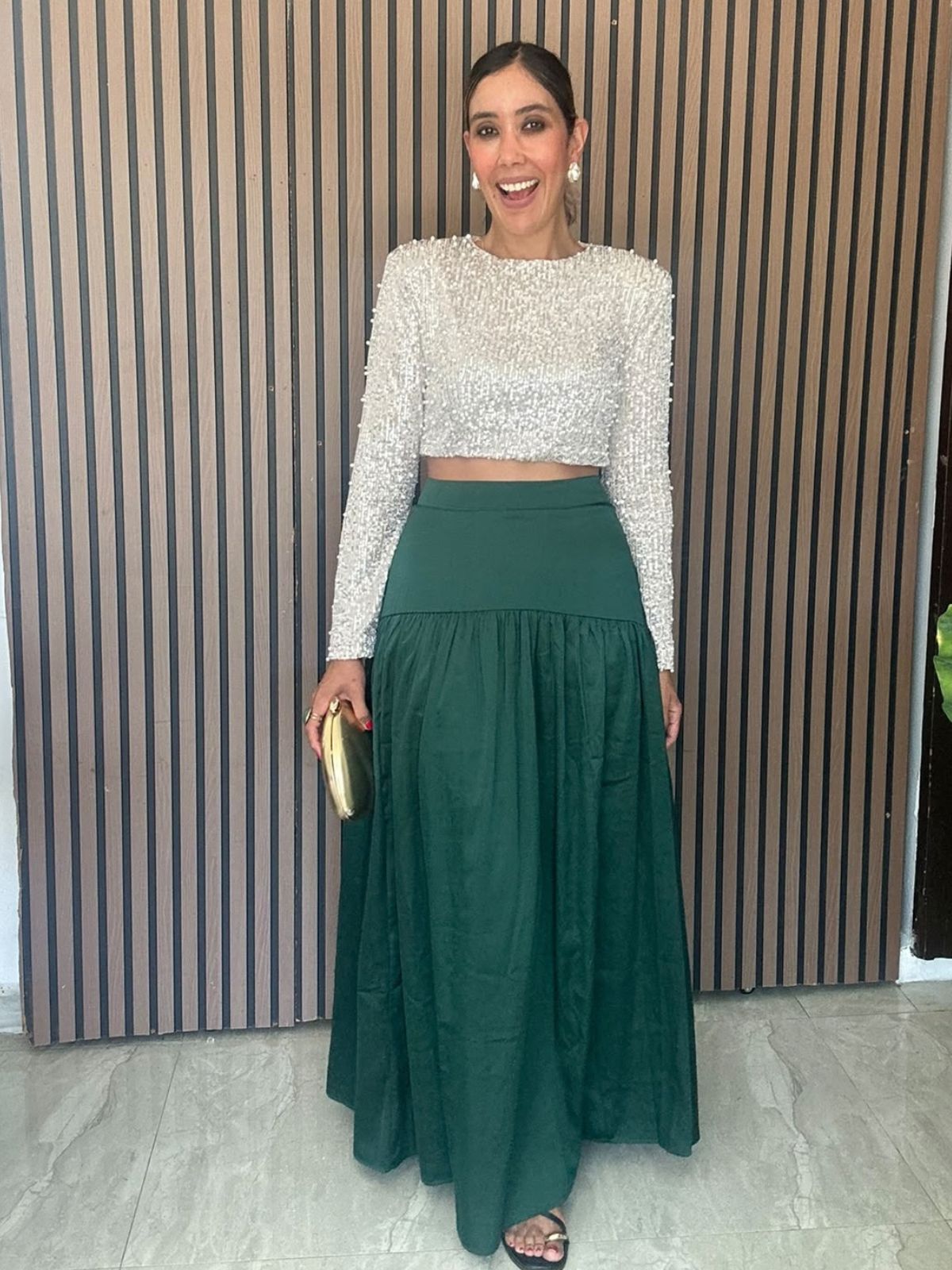 Sequin and Pearl Shoulder Pad Crop Top