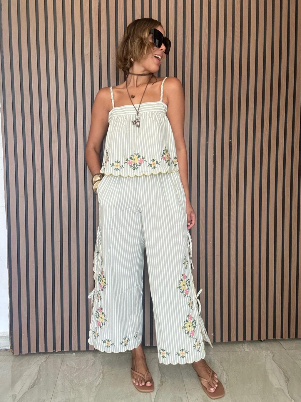 Bloomline Embroidered Stripe Top and Pants Set
