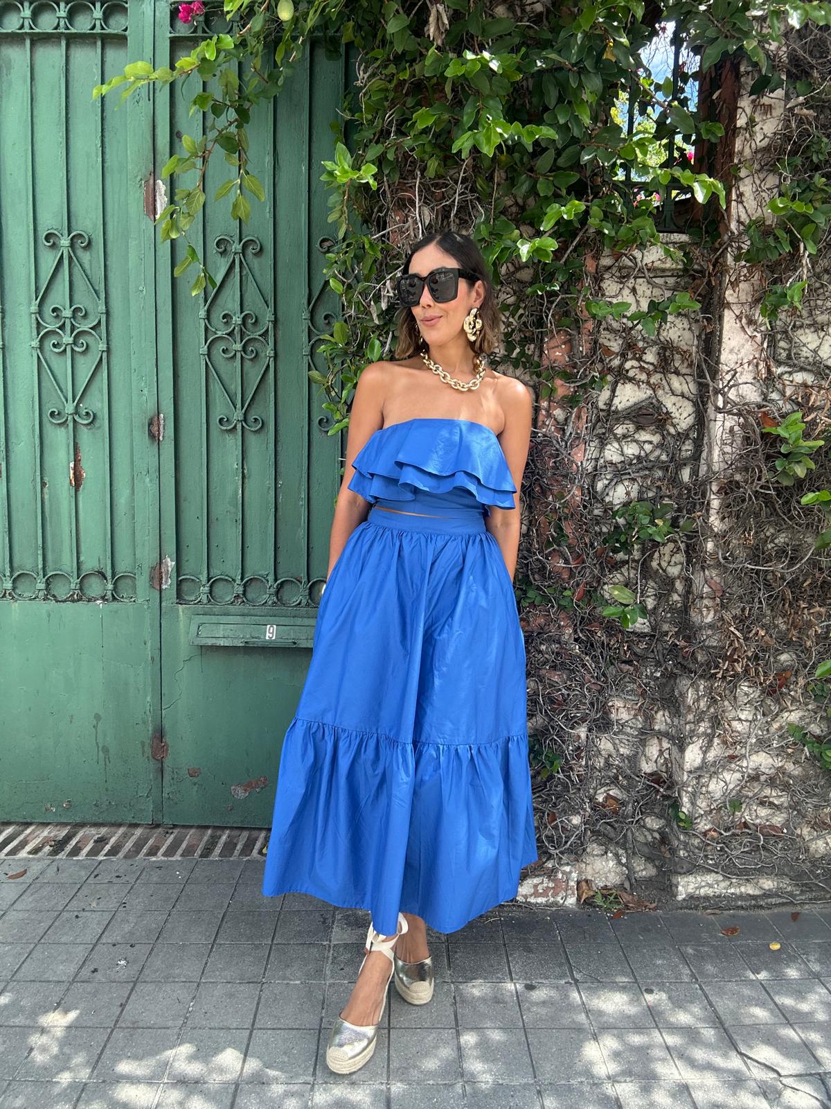 Blue Serenity Ruffle Blouse & Midi Skirt Set