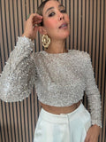 Sequin and Pearl Shoulder Pad Crop Top