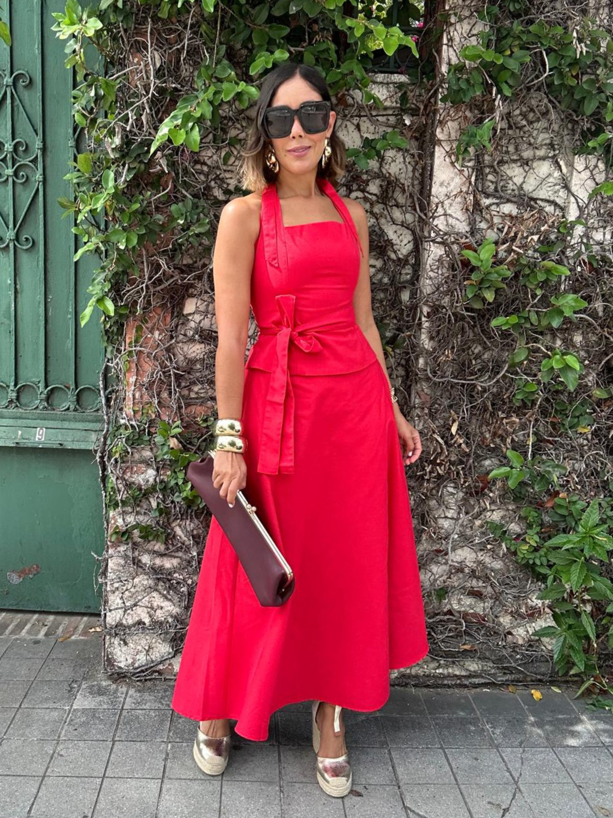 The Confident in Red Belted Halter Top and Flare Maxi Skirt