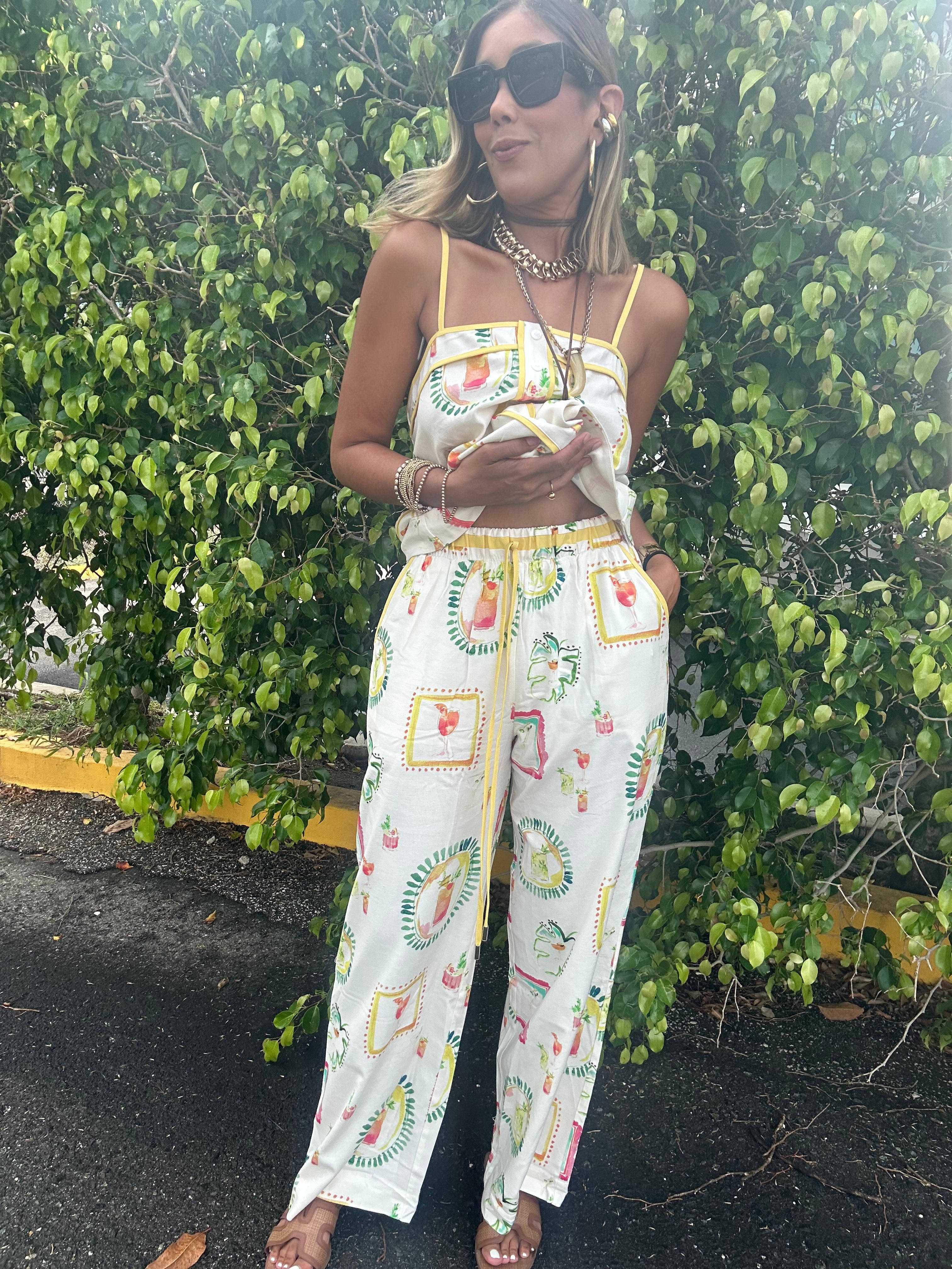 Happy Hour Print Wide Leg Pants