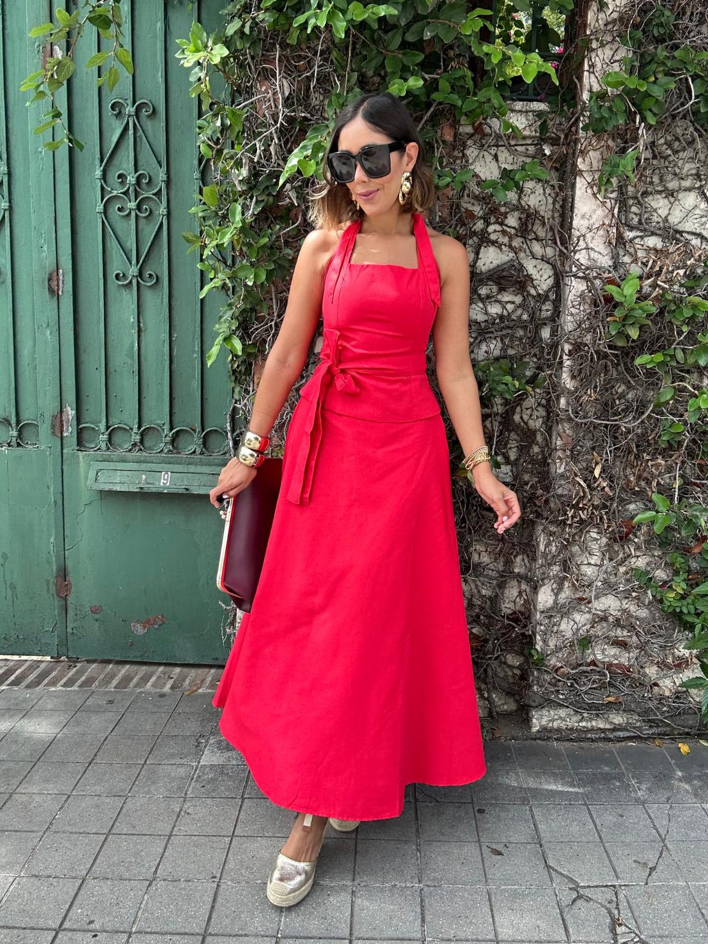 The Confident in Red Belted Halter Top and Flare Maxi Skirt