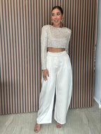 Sequin and Pearl Shoulder Pad Crop Top