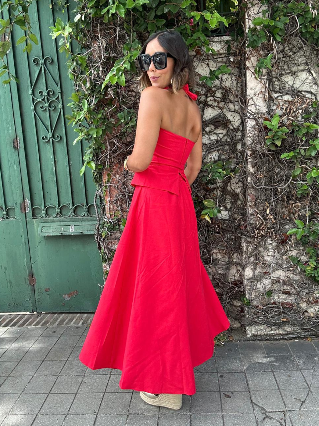 The Confident in Red Belted Halter Top and Flare Maxi Skirt