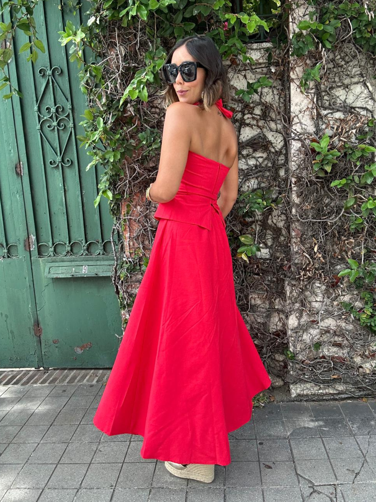 The Confident in Red Belted Halter Top and Flare Maxi Skirt