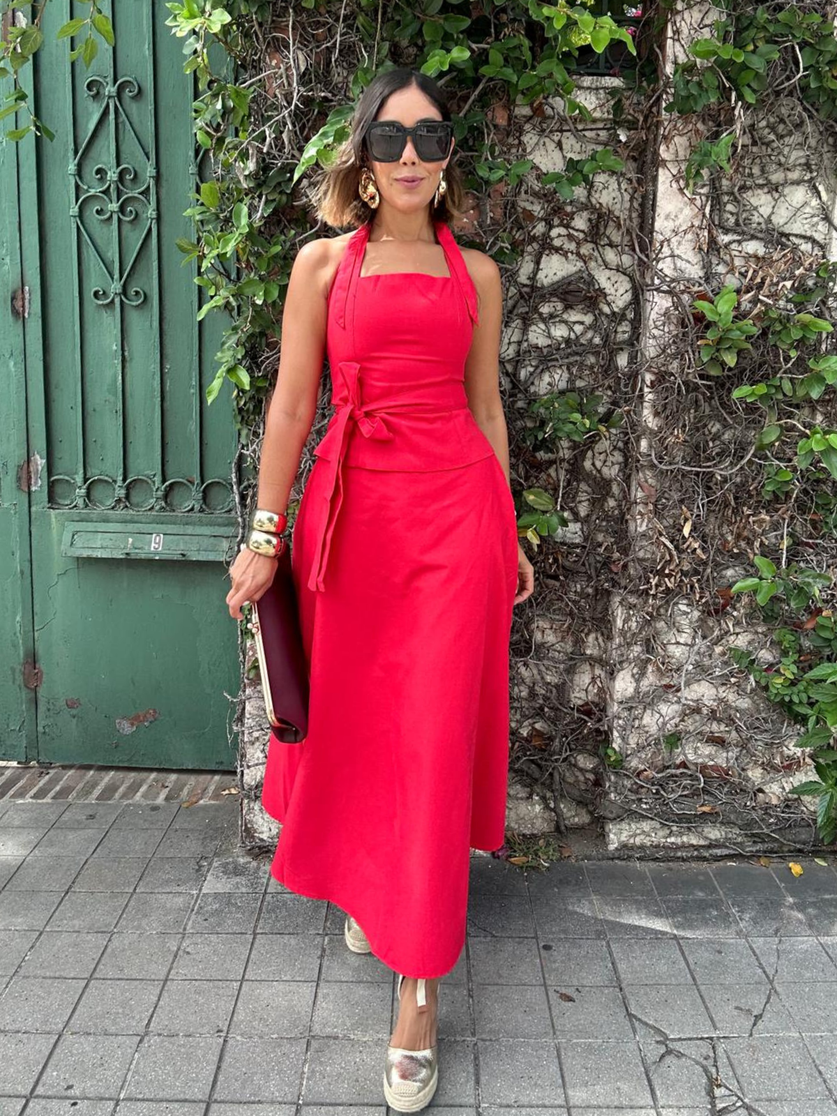 The Confident in Red Belted Halter Top and Flare Maxi Skirt