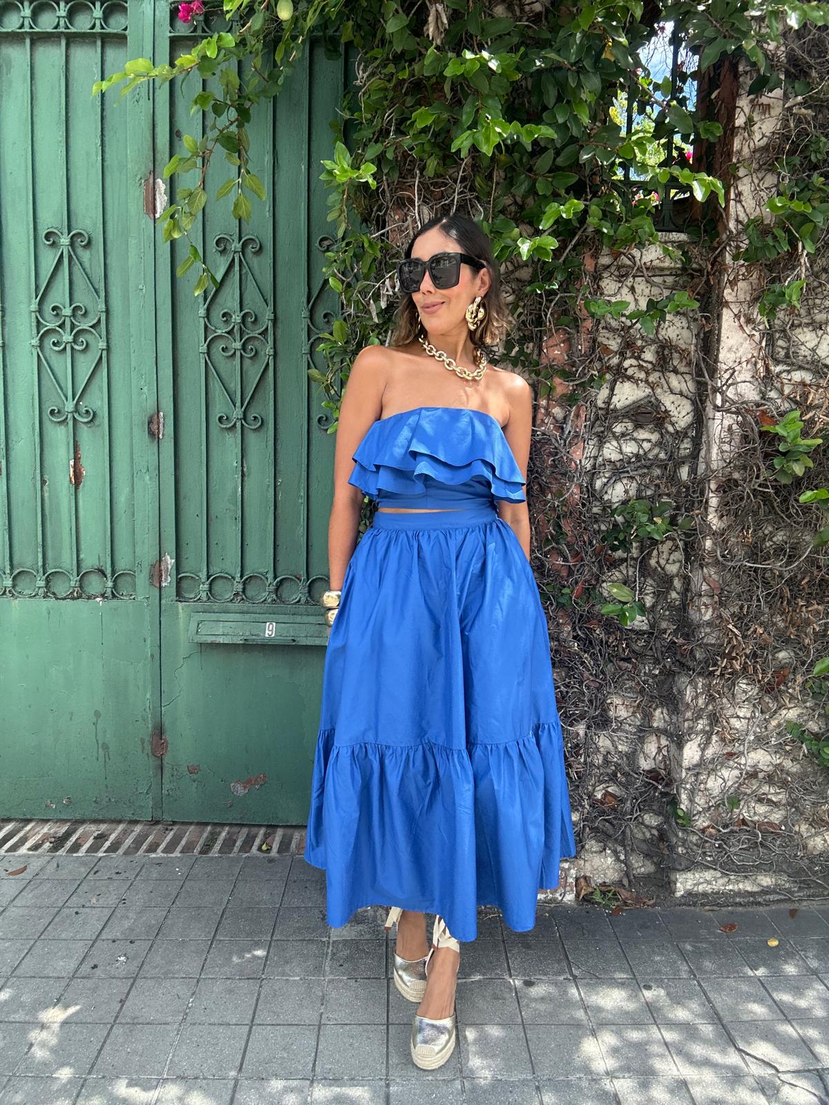 Blue Serenity Ruffle Blouse & Midi Skirt Set